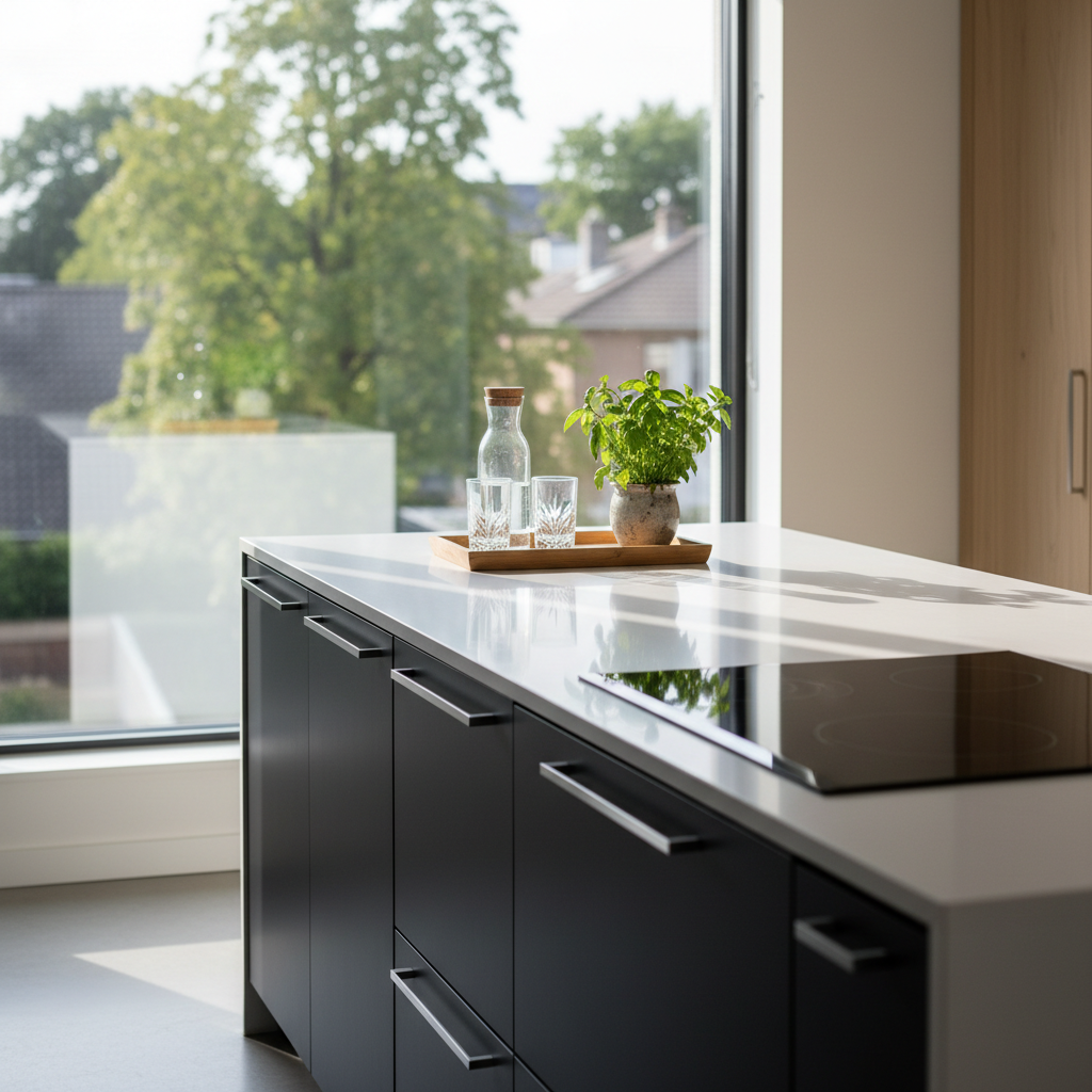 A carefully staged kitchen of a desirable apartment, featuring a long, white quartz island with smooth, reflective surfaces and integrated cooktop, paired with matte black cabinetry and slim, brushed-steel handles. On the island, a wooden tray holds a glass carafe of water, two crystal tumblers, and a small arrangement of fresh green herbs, suggesting everyday comfort. Behind, a full-height window reveals soft hints of a leafy neighborhood. Late-morning natural light washes the space, casting gentle linear shadows across the island and emphasizing textures. Photographic realism, eye-level composition with a slight diagonal perspective, clean and minimalist, with a serene, welcoming atmosphere that illustrates the lifestyle quality of properties selected by a professional real estate broker.