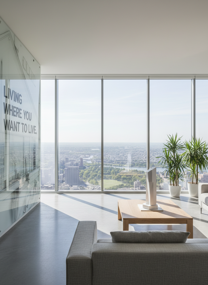 A sunlit, high-end living room in a modern city apartment, featuring a floor-to-ceiling glass wall revealing a distant skyline and green parks, symbolizing “living where you want to live.” In the foreground, a low, light-gray linen sofa with crisp edges faces a sleek oak coffee table holding a single architectural model of a building. Natural morning light pours through the glass, creating soft reflections on the polished concrete floor and gentle shadows behind indoor plants. Photographic realism, eye-level composition with a wide lens, sharp focus throughout, clean and modern aesthetic, calm and aspirational mood, emphasizing space, light, and the quality of life that professional real estate brokerage can provide.