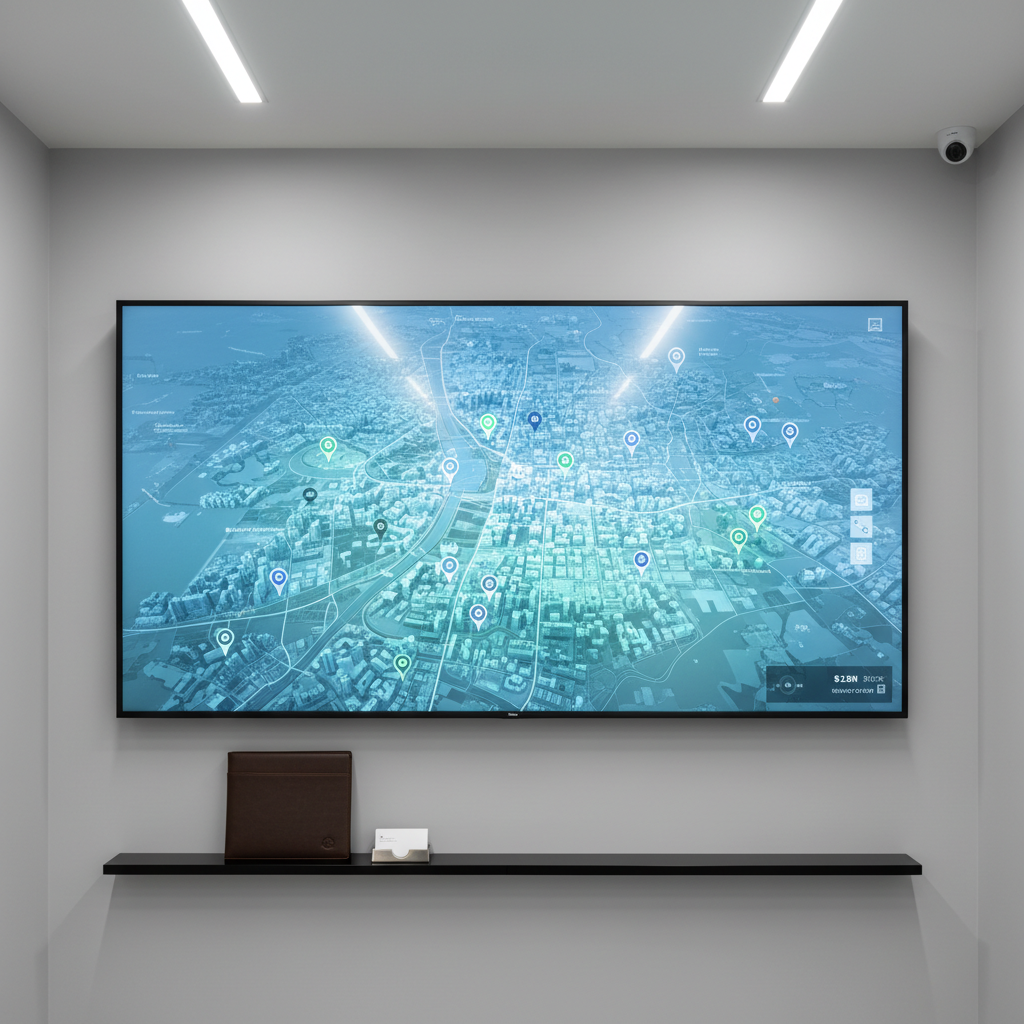 A large, frameless wall-mounted screen in a modern brokerage office displays a high-resolution interactive map of a city, with neighborhoods subtly shaded in different tones of blue and green, and small circular markers indicating key listings. Below the screen, a slim black console holds a closed leather portfolio and a metallic business card holder. The surrounding wall is smooth, light gray, and uncluttered, emphasizing clarity and data-driven decisions. Cool, even LED lighting from the ceiling illuminates the space without harsh shadows, giving it a technological, precise feel. Photographic realism, straight-on composition, medium-wide shot, creating a calm, analytical, and professional atmosphere that highlights market analysis as a core part of the real estate service.