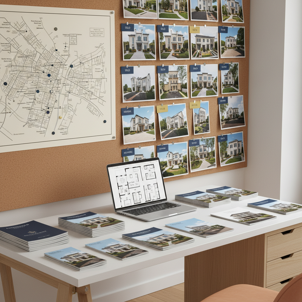 A bright, meticulously organized real estate agency workspace, with a large matte-white desk covered in neatly stacked property brochures, a silver laptop displaying a detailed floor plan, and a corkboard wall behind filled with pinned, high-resolution property photos and colored tags. A panoramic city map printed on smooth paper dominates one side of the wall, with small metallic pins marking premium neighborhoods. Soft, diffused daylight enters from an unseen window, producing minimal shadows and an even, professional glow. Photographic realism, slightly elevated angle, balanced composition with clear lines, modern neutral palette with subtle blues and warm wood. The atmosphere feels focused, trustworthy, and efficient, capturing the precision and organization of expert brokerage services.